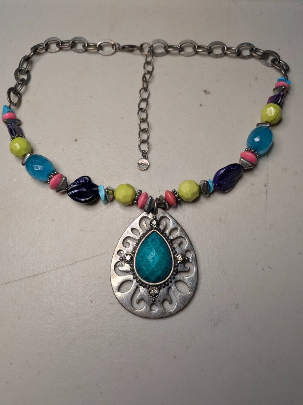 Ruby Rd. Filigree Pendant Necklace – Faux Turquoise & Multicolor Beads